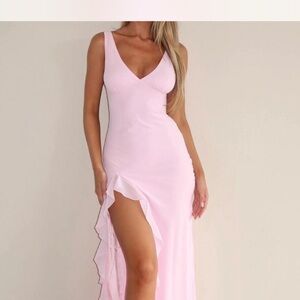 White Fox Pink V-Neck Ruffle High-Slit Maxi Dress